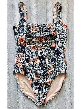 GARNET HILL Ruched Active Square Neck One Piece Swimsuit, 14 Navy Cream Orange